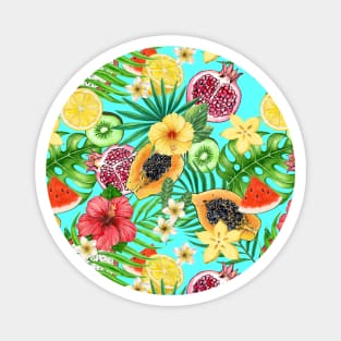 Tropical mix-fruit, flowers and leaves on blue Magnet